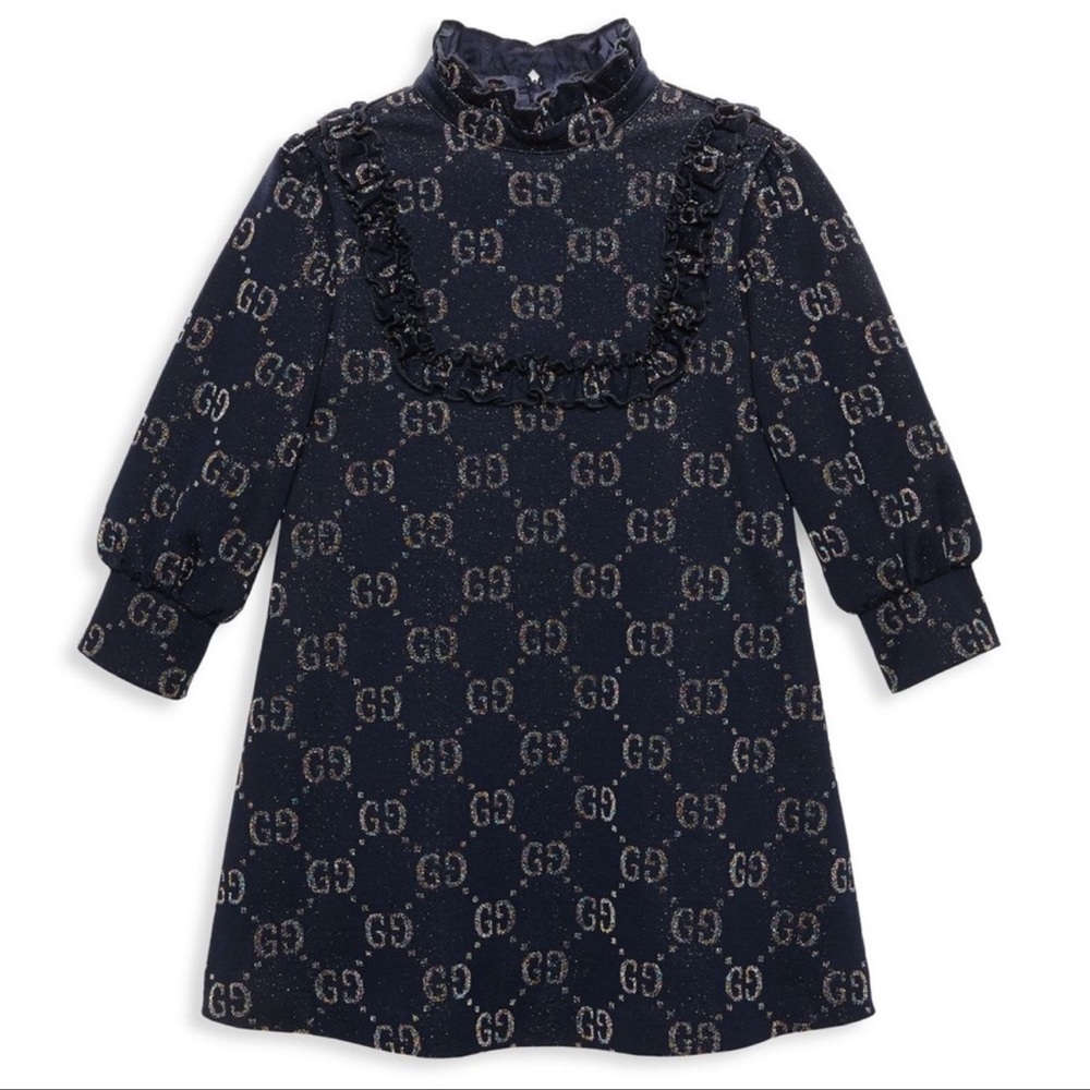 Gucci GG Lame Rainbow Ombré Logo Navy Dress